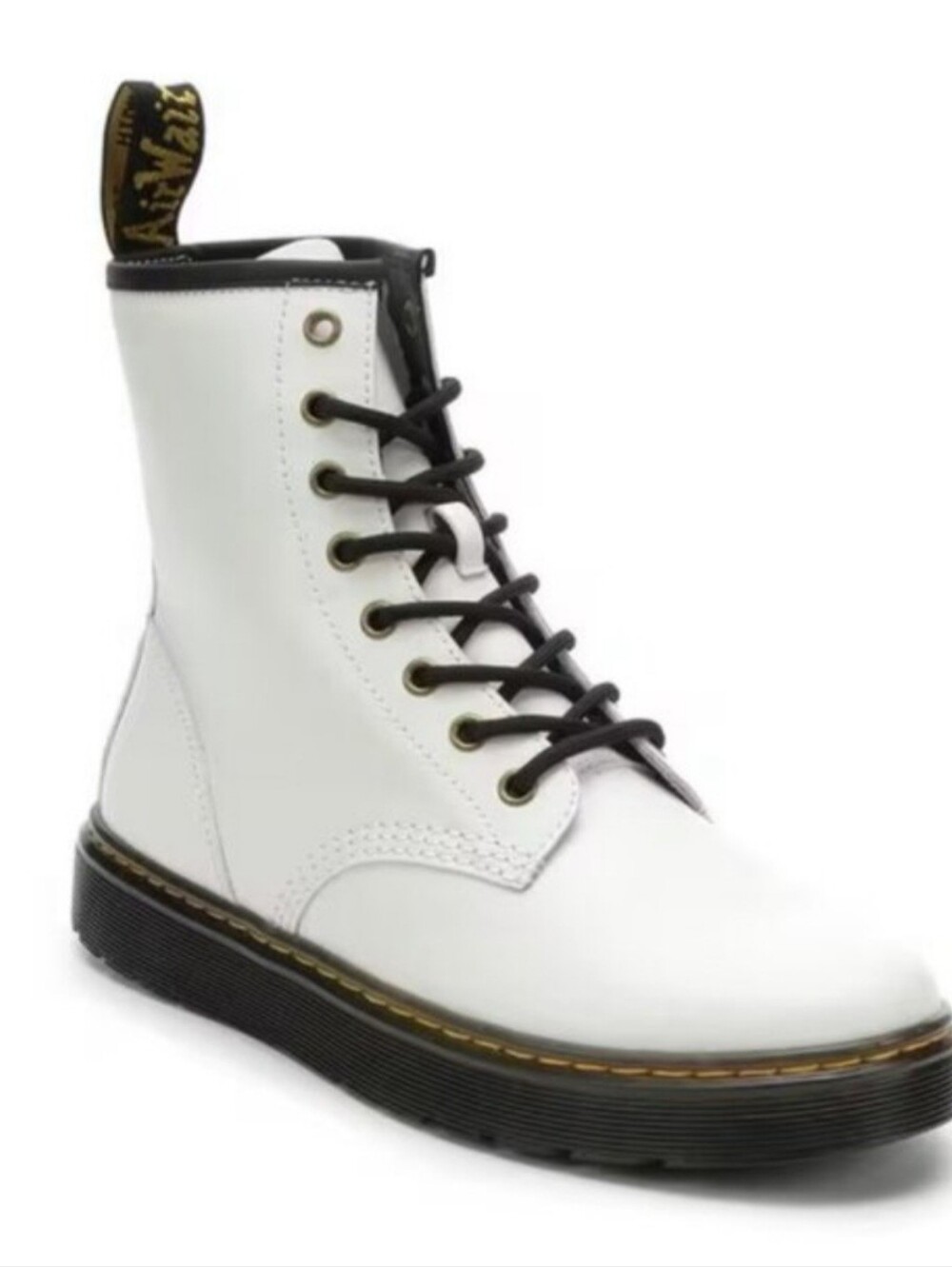 Dr. Martens White Zavala Smooth Leather 8-Eye Lace-Up Boot w/ Black Trim. Size 8